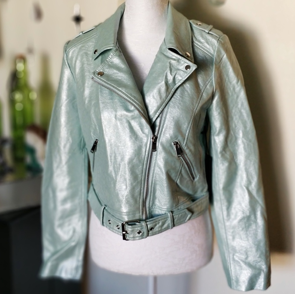 Forever 21 Metallic Moto Jacket in Seafoam